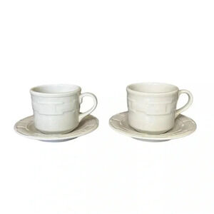 (2) LONGABERGER Pottery Woven Traditions Ivory Coffee Mug Cup & Saucer Sets